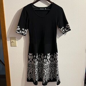 Nina Leonard Black and White Floral Midi Dress